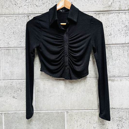 black / cropped mesh ruched body shirt / xs / new (3794305281590968024)