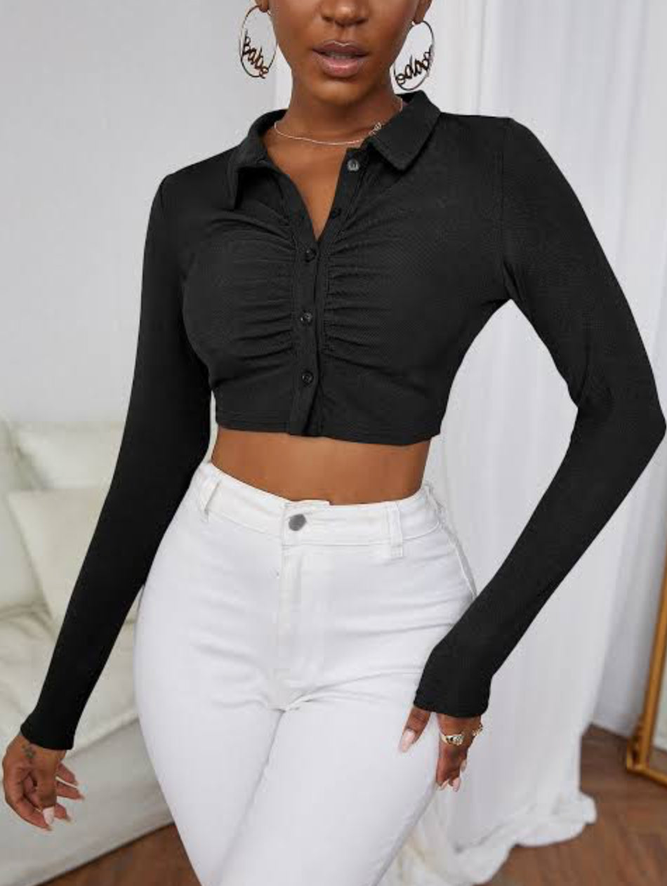 black / cropped mesh ruched body shirt / xs / new (3794313042689491770)