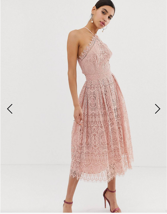 ASOS DESIGN lace midi dress with pinny bodice / blush / 16 / BNWT (3841138363722937776)