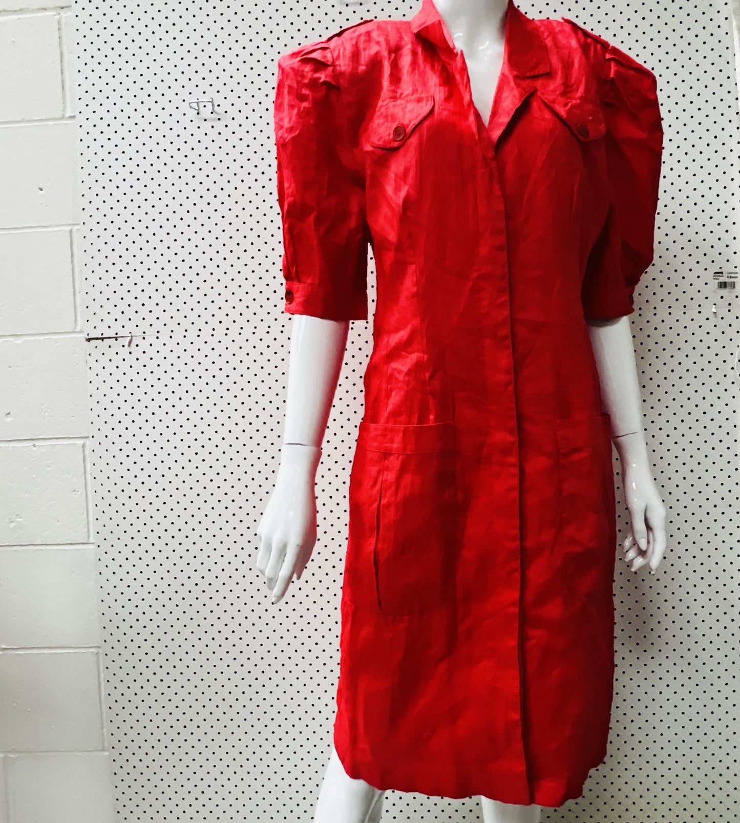 1980s / nz vintage / 'gloss' bright red linen 1980s dress / s/m (3858070912808038897)
