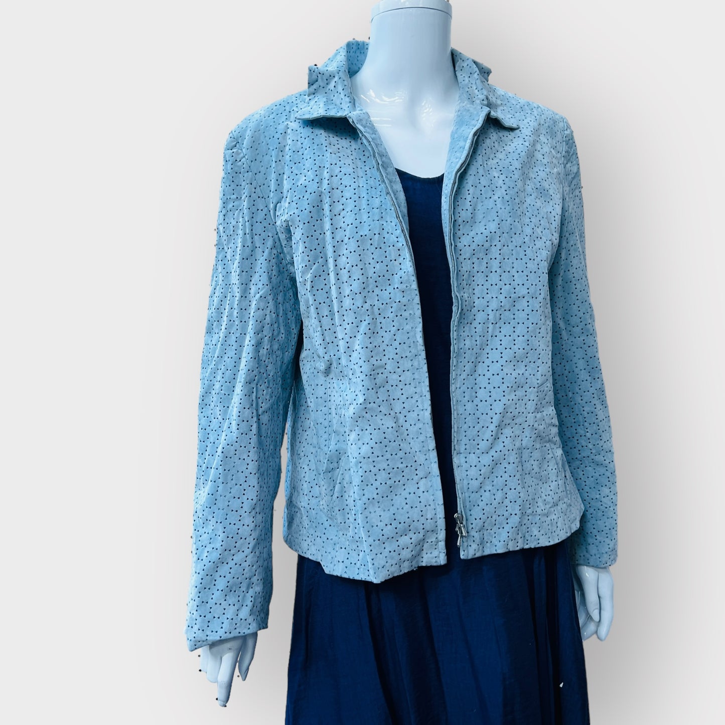 FREDERICK / leather look baby blue jacket / 14 / made in nz (3859871344923031961)