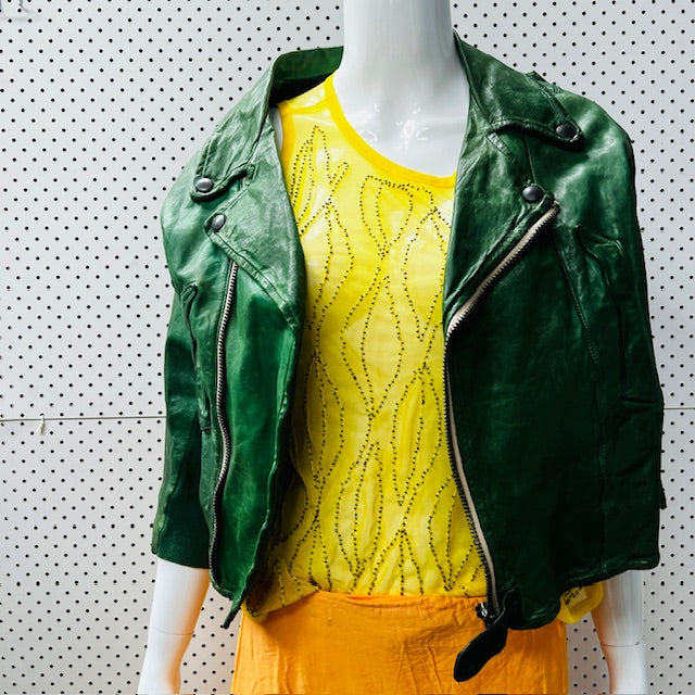 ZARA / bright yellow mesh top with beading / L (3866431443453845038)