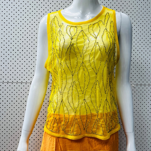 ZARA / bright yellow mesh top with beading / L (3866431447177494292)