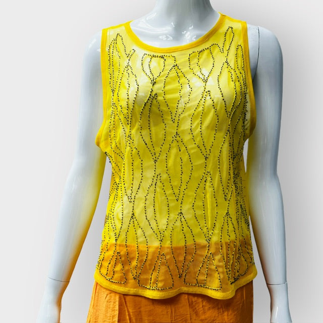 ZARA / bright yellow mesh top with beading / L (3866432348912267571)
