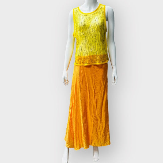 ZARA / bright yellow mesh top with beading / L (3866432353942457071)