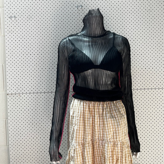 HELMUT LANG / sheer ribbed top with pink piping / small (3872394321105062921)