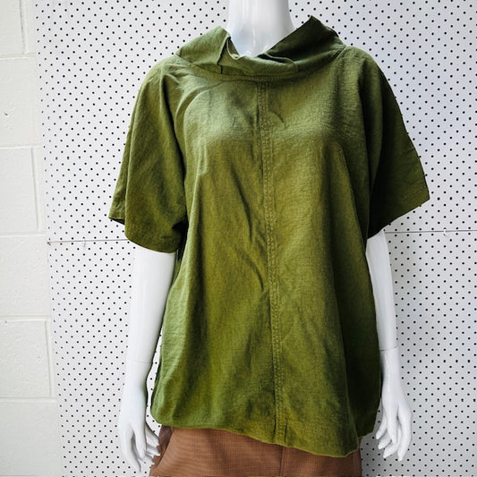 NANCY RAINE / green shaped linen top / L (3873597765269242800)
