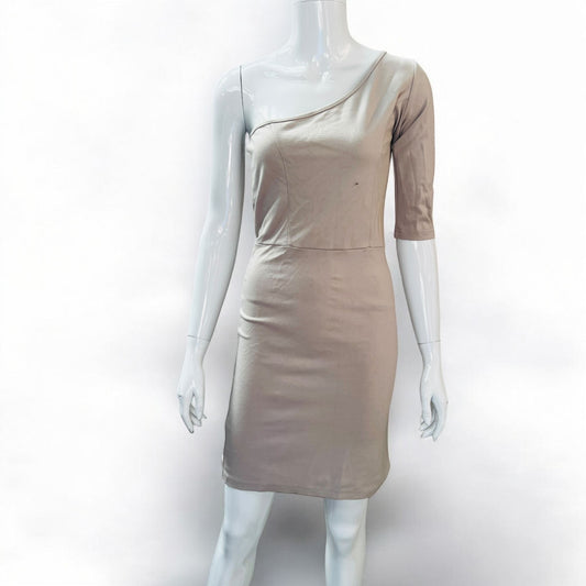 00s nz vintage / JULIETTE HOGAN / nude off shoulder fitted dress / 10 (3876031941782889527)