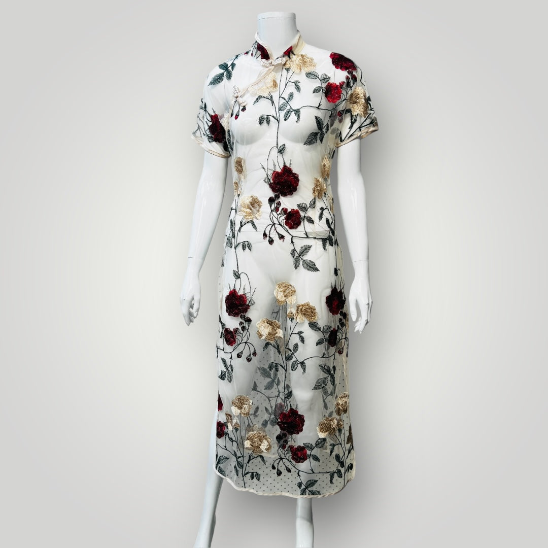 sheer / embroidered dress with mandarin collar / s (3880039715702665316)