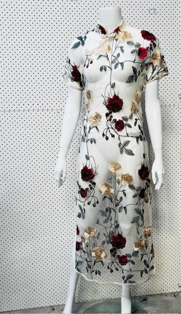 sheer / embroidered dress with mandarin collar / s (3880190611255691511)