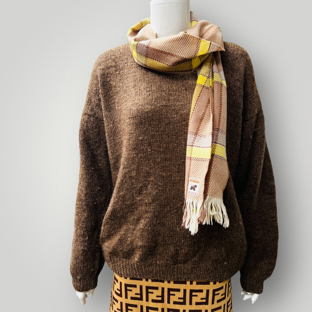 KINLOCH / vintage scottish wool tartan scarf / yellow + brown (3880871097286506758)