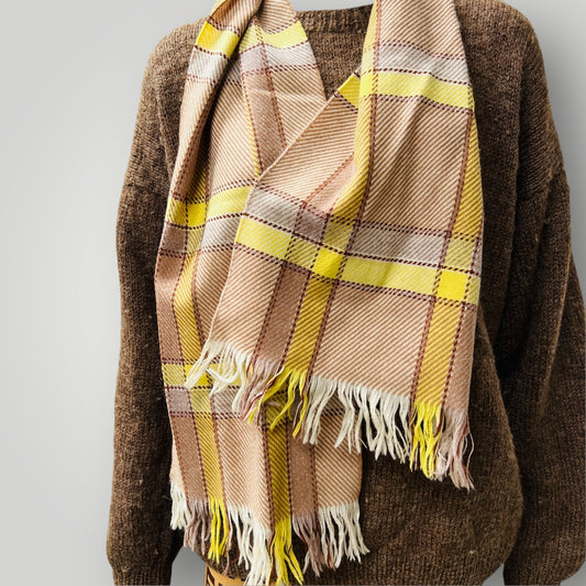 KINLOCH / vintage scottish wool tartan scarf / yellow + brown (3880871103993440762)