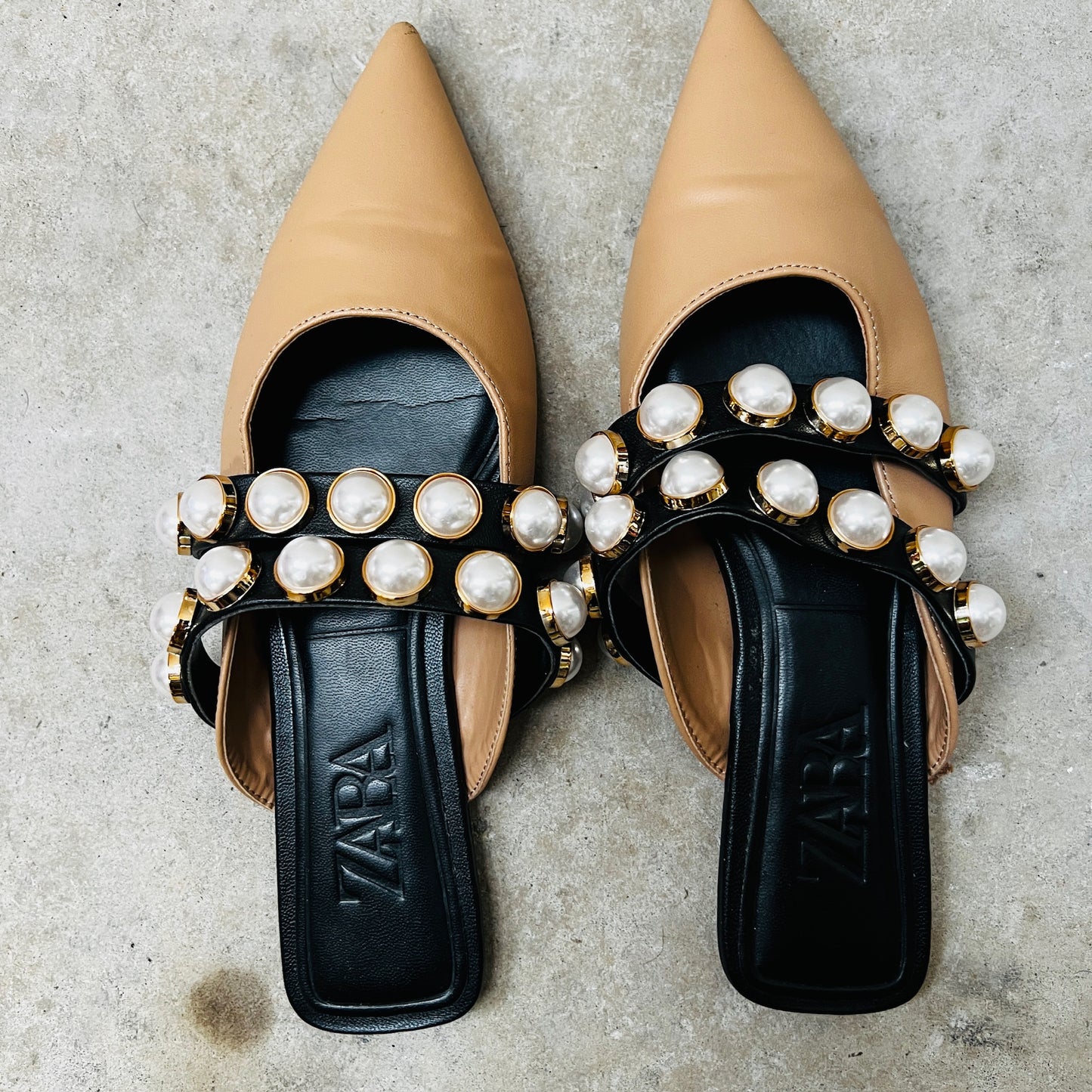 Zara / Pearl Beaded Flat Mules / Natural Tan Black / 37 (3885721492005548155)