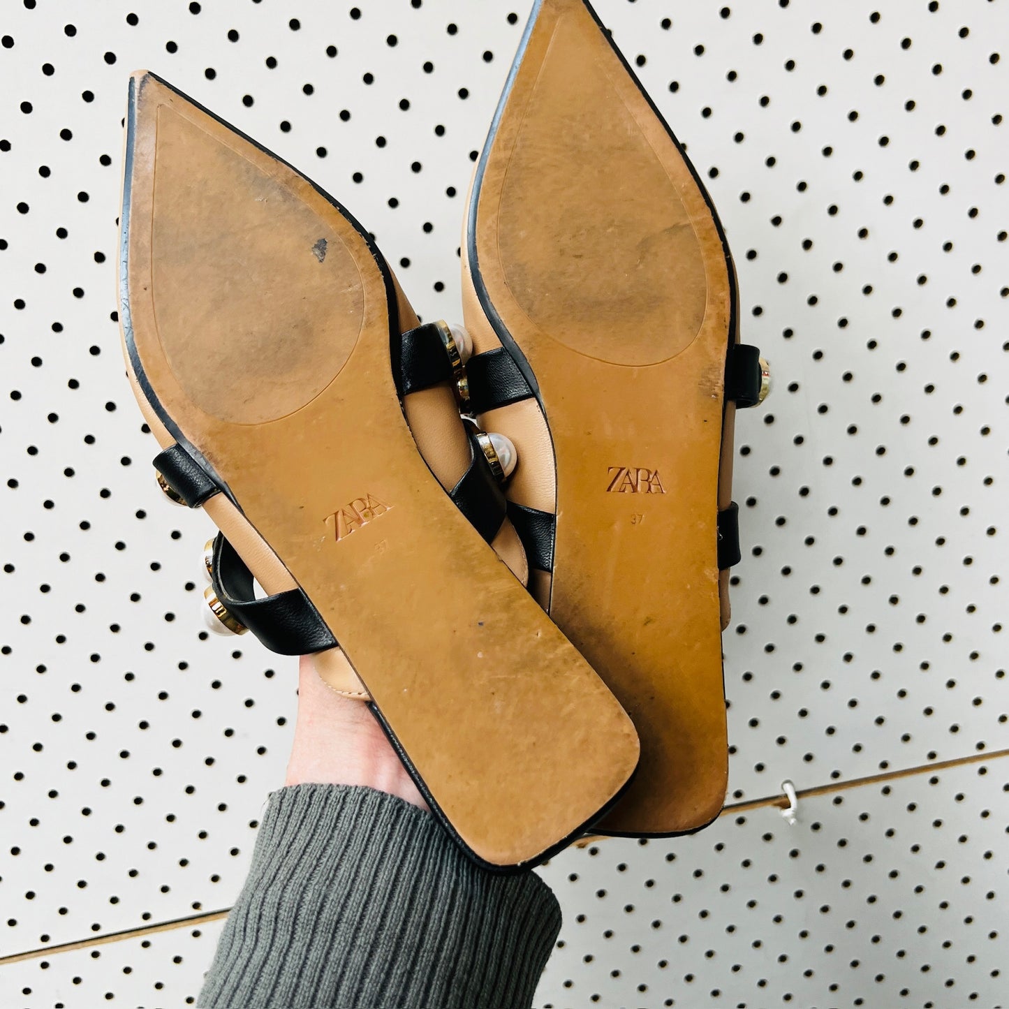 Zara / Pearl Beaded Flat Mules / Natural Tan Black / 37 (3885721496726608829)