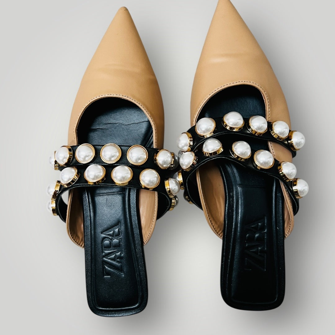 Zara / Pearl Beaded Flat Mules / Natural Tan Black / 37 (3885721555752939564)