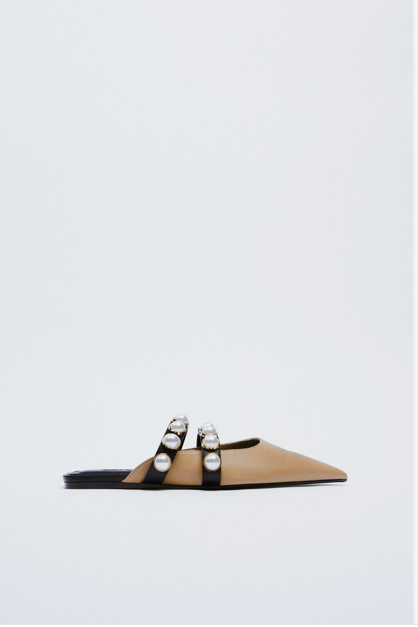 Zara / Pearl Beaded Flat Mules / Natural Tan Black / 37 (3885725800402567204)