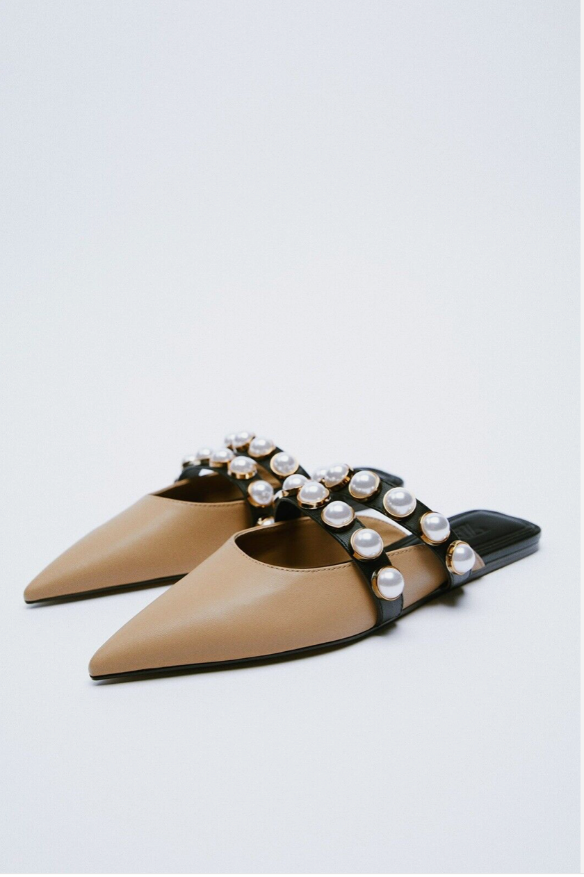 Zara / Pearl Beaded Flat Mules / Natural Tan Black / 37 (3885725804571943046)
