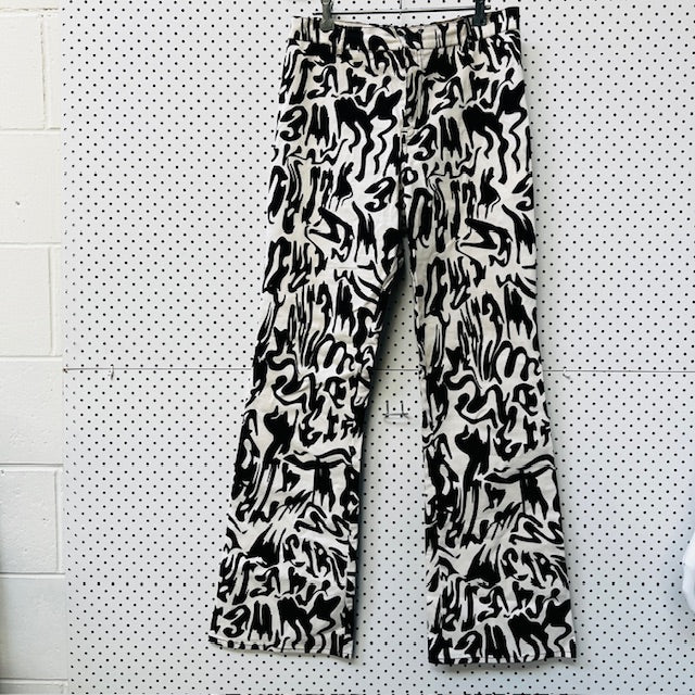 MOTEL ROCKS / Zoven Flare Trouser In Wrapped Gothic Large Black + White / m Jeans, pants & shorts