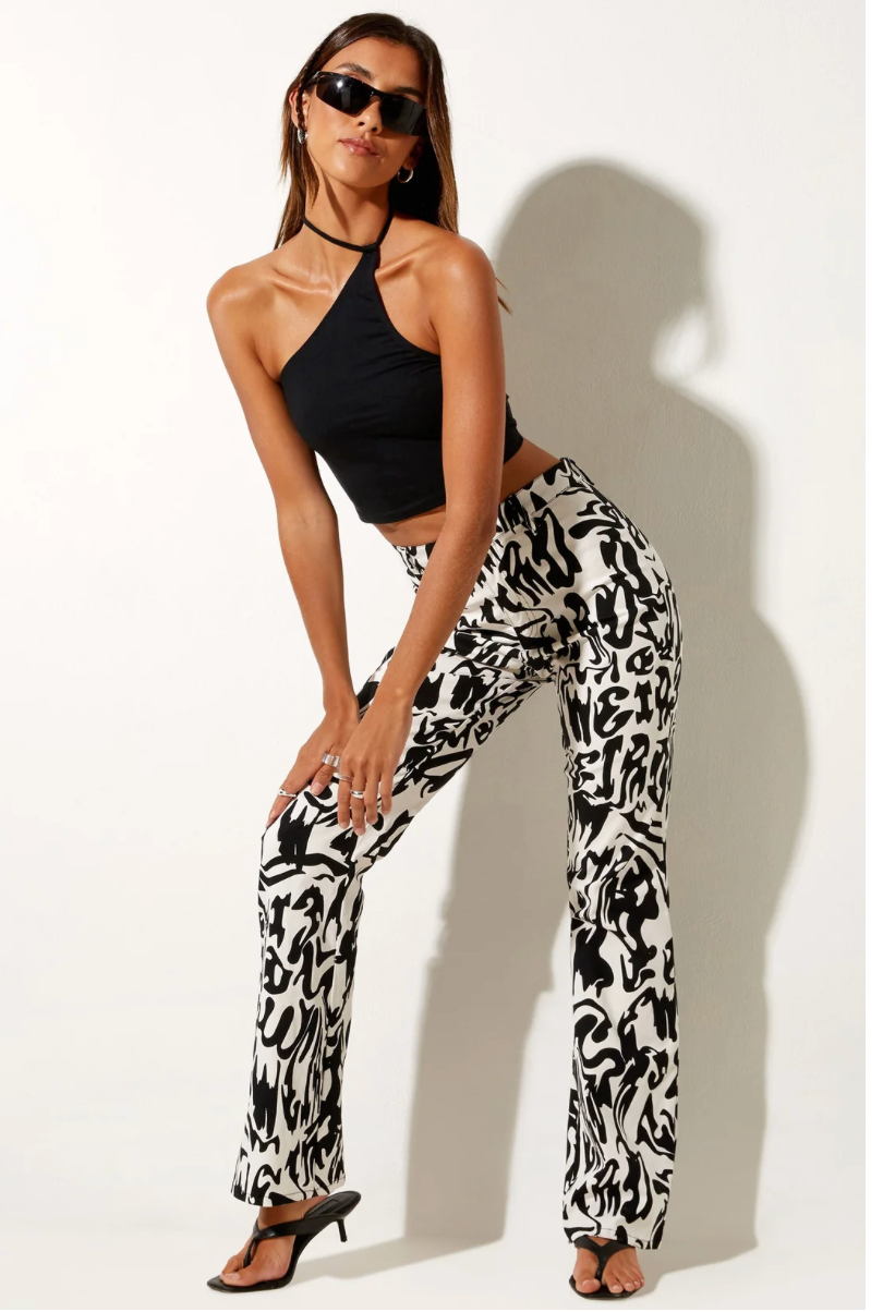 MOTEL ROCKS / Zoven Flare Trouser In Wrapped Gothic Large Black + White / m Jeans, pants & shorts