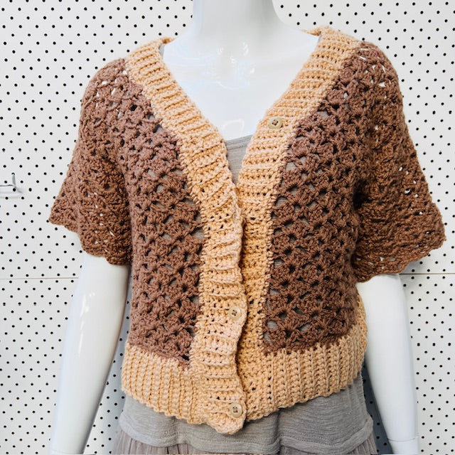 hand crocheted / short sleeve cardigan / s (3888681784004818691)
