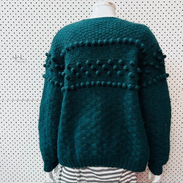 handmade / thick green wool cardigan with bobbles / M/L (3890563799116298301)