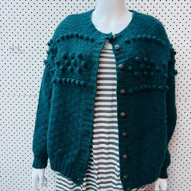 handmade / thick green wool cardigan with bobbles / M/L (3890563801189403039)