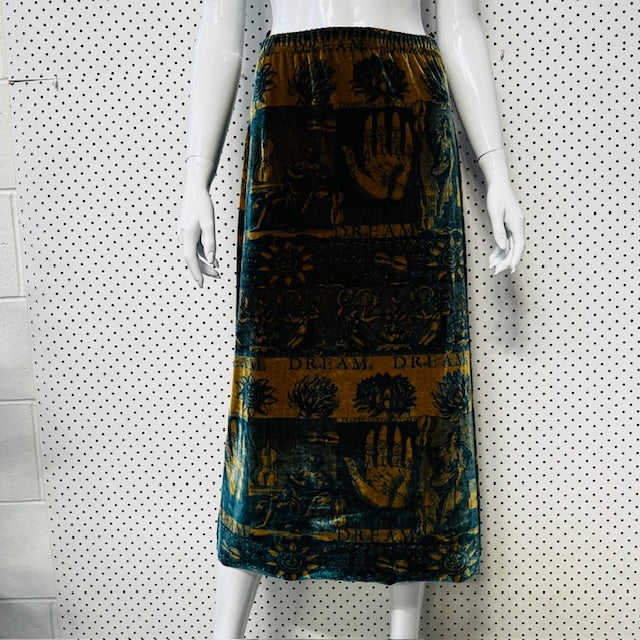2000s nz vintage / DORIS DE PONT / DNA / printed velvet skirt / 12 (3892284979247116426)