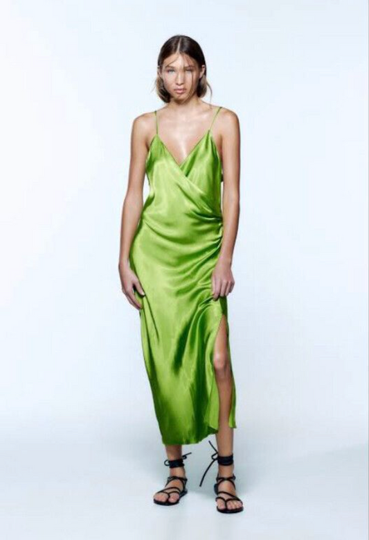 ZARA / bright green slinky lingerie dress / s (3893574173745549463)