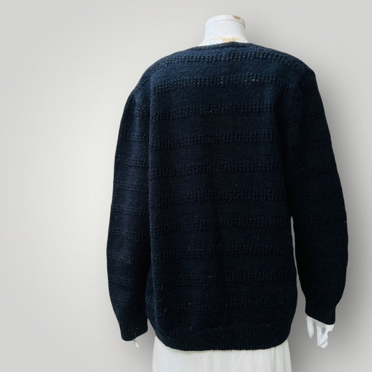 hand knitted / black wool cardigan with metal buttons / m/l (3894553020694391232)