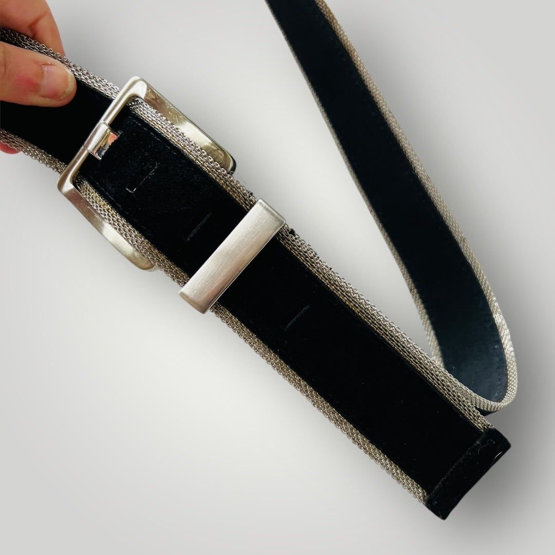 NINE WEST / leather belt with chain metal edging / XL (3895478326297584674)