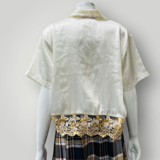 1990s vintage sleepwear / satin shirt with lace trim / m (3895653486163247983)