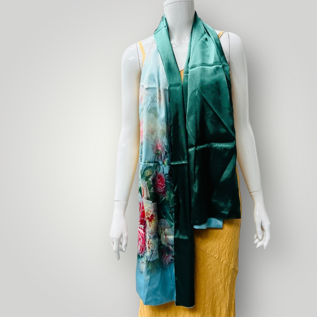 100% silk / large scarf / green + blue (3895915438069962382)