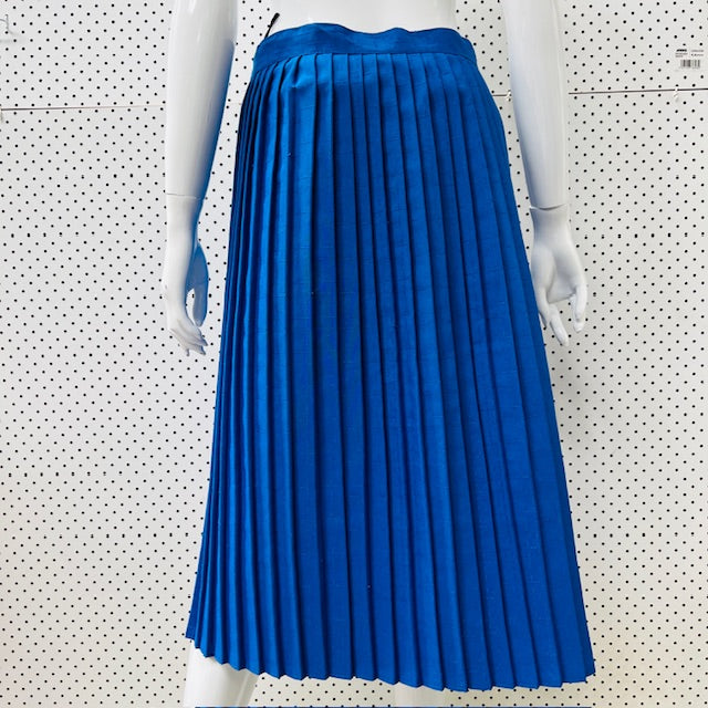 1970s vintage / electric blue permanent pleat midi skirt with embroidery / L (3897210742410343374)