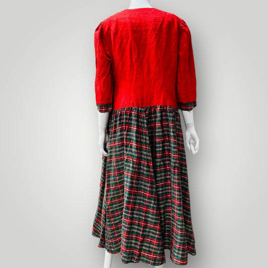 1990s vintage / silk party dress with tartan plaid skirt / L (3897210937786280073)