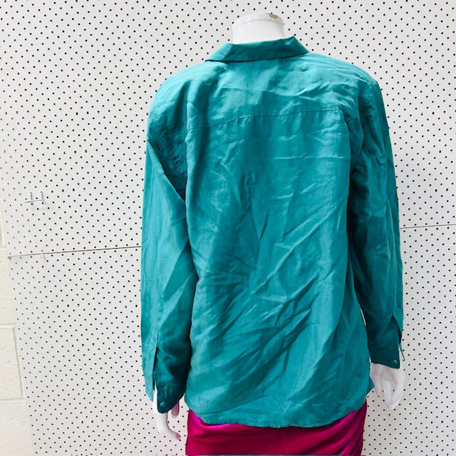 1970s vintage / turquoise blue silk shirt / L (3900753586099180164)