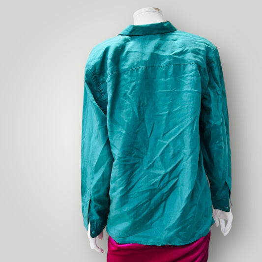 1970s vintage / turquoise blue silk shirt / L (3900753944070346337)