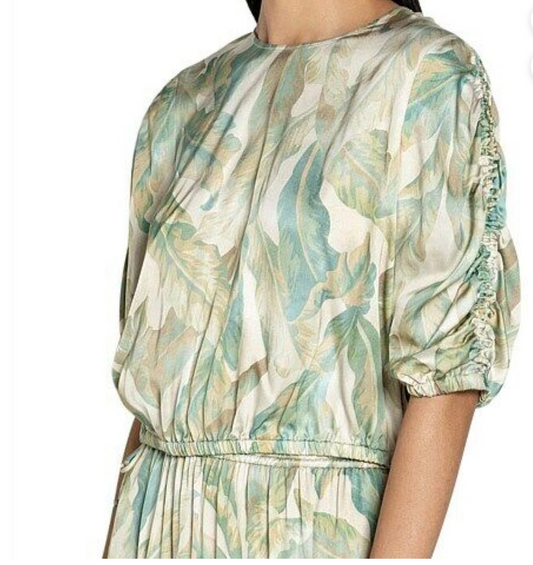 Veronika Maine / green Whispering Palms satin 3/4 sleeve top / 10 (3902722764735911613)