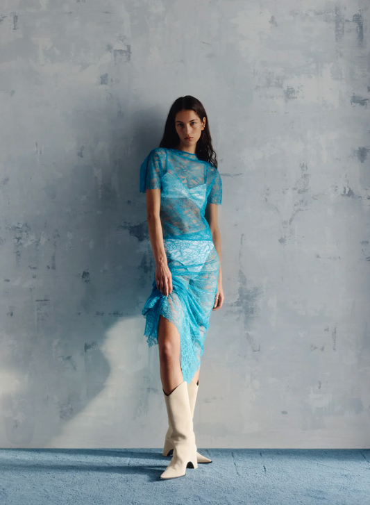 ANNA QUAN / sheer lace top in blue, with white bralet / m (3902724498355621866)