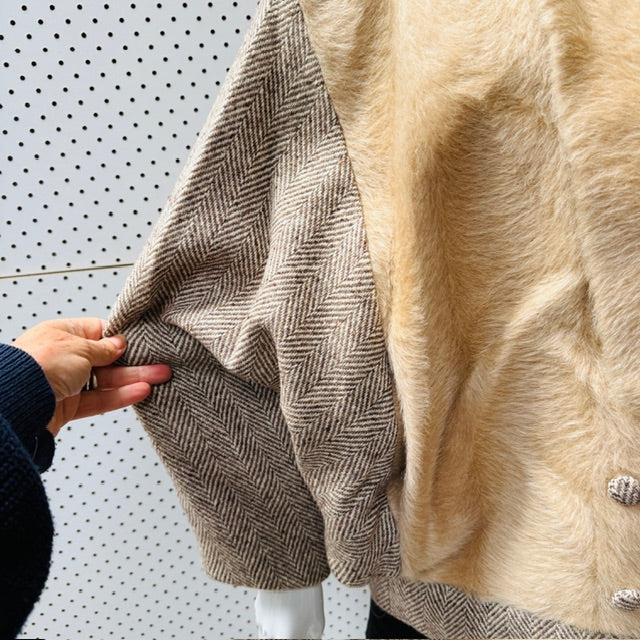 1980s vintage / tweed + faux fur batwing jacket / L (3912319820209651654)