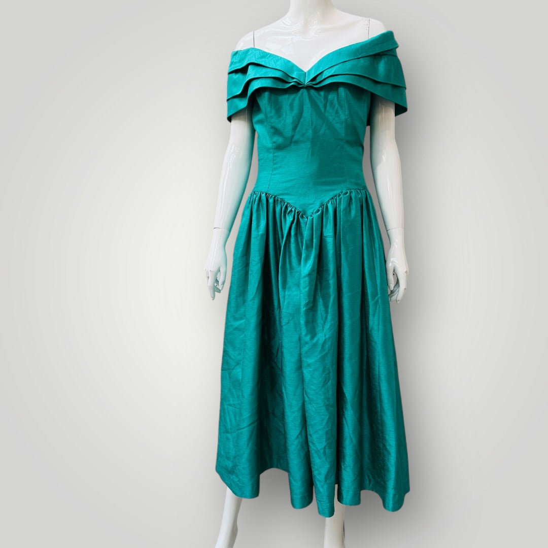 1980s vintage / satin taffeta prom dress with boned corset / teal / s –  archival