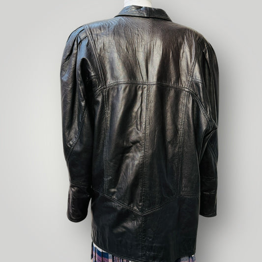1980s nz vintage / HIDE SHOP / black leather jacket / 14 / made in nz (3912618621005798727)