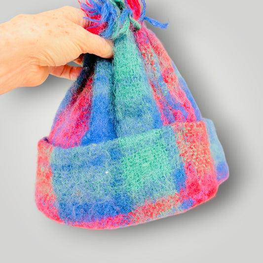 1960s vintage / multi-color plaid mohair wool pom pom beanie (3926140060783984158)