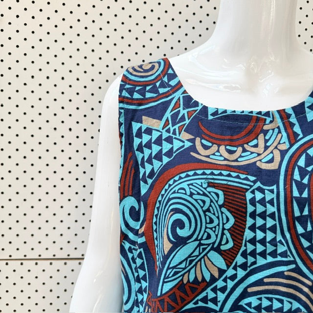 polynesian patterned / midi dress / m (3926309012745658800)