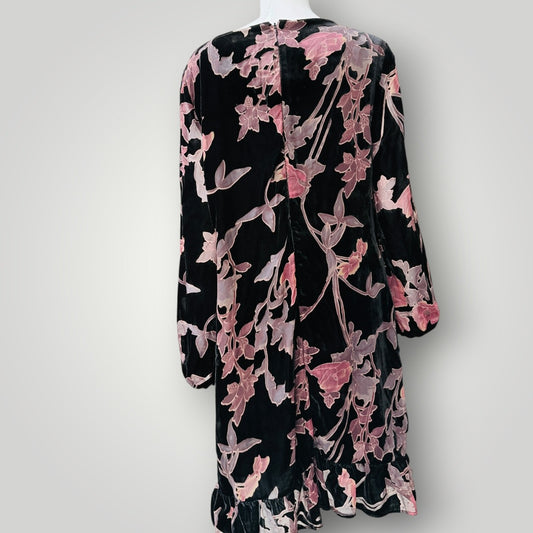 GRACE HILL / black and pink burnout velvet floral long-sleeve dress / 16 (3927024712074661310)