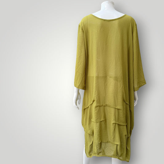 chartreuse green / tiered midi dress / M/L / made in nz (3927694109457125828)