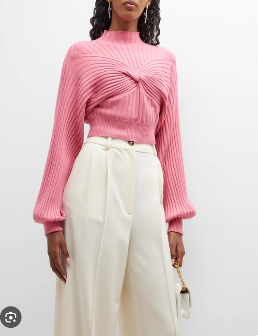 Acler - Twist Front Ribbed Knit Crop Sweater - Pink - Size 12 (3928078932705504560)
