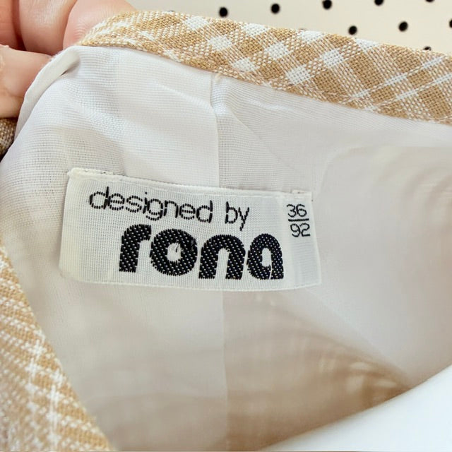 1980s vintage - Rona - Vintage Gingham Shift Dress - Beige & White - Size 12 (3928209557922493912)