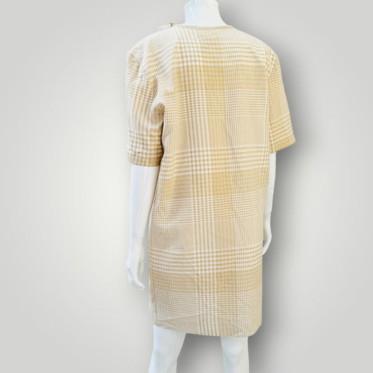 1980s vintage - Rona - Vintage Gingham Shift Dress - Beige & White - Size 12 (3928210930488148170)