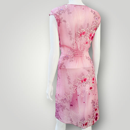 Helen Cherry - Sheer Silk Floral V-Neck Mini Dress - Pink - Size M (3928210938379698556)