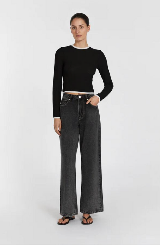 DISSH - Ribbed Layered Long Sleeve Top - Black & White - Size L (3928226254116978358)